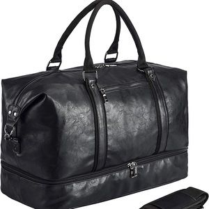 Leather Travel Bag with Shoe Pouch,Weekender Overnight Bag